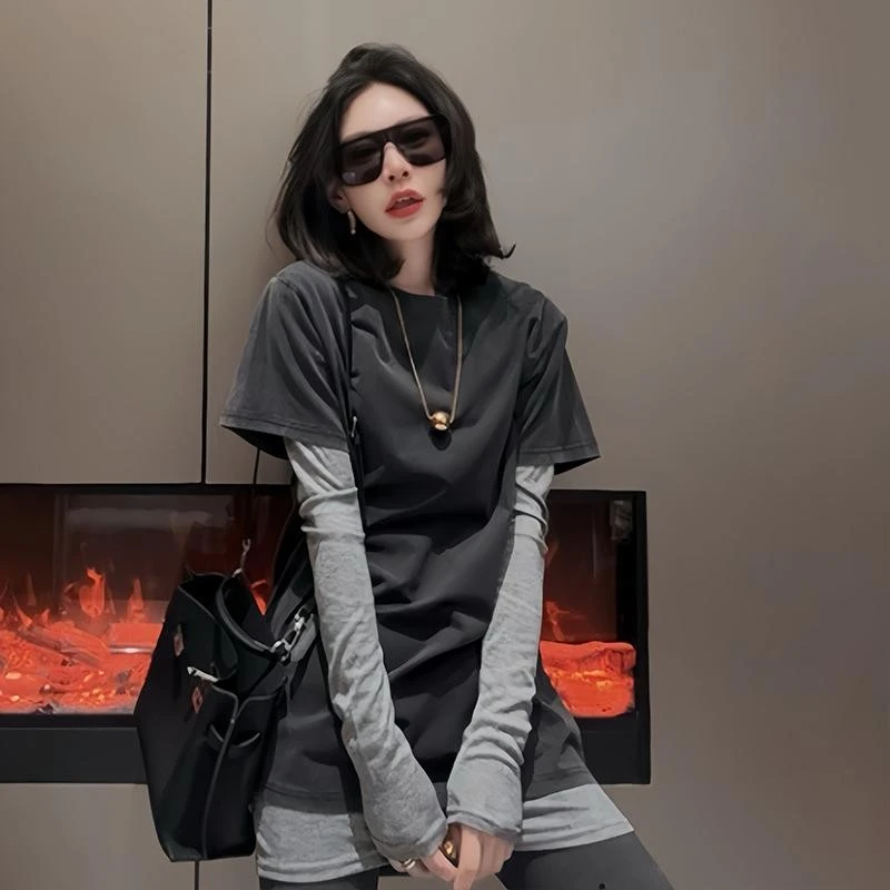 深灰色真俩件长袖T恤女2025春秋新设计感叠穿显瘦宽松休闲上衣夏