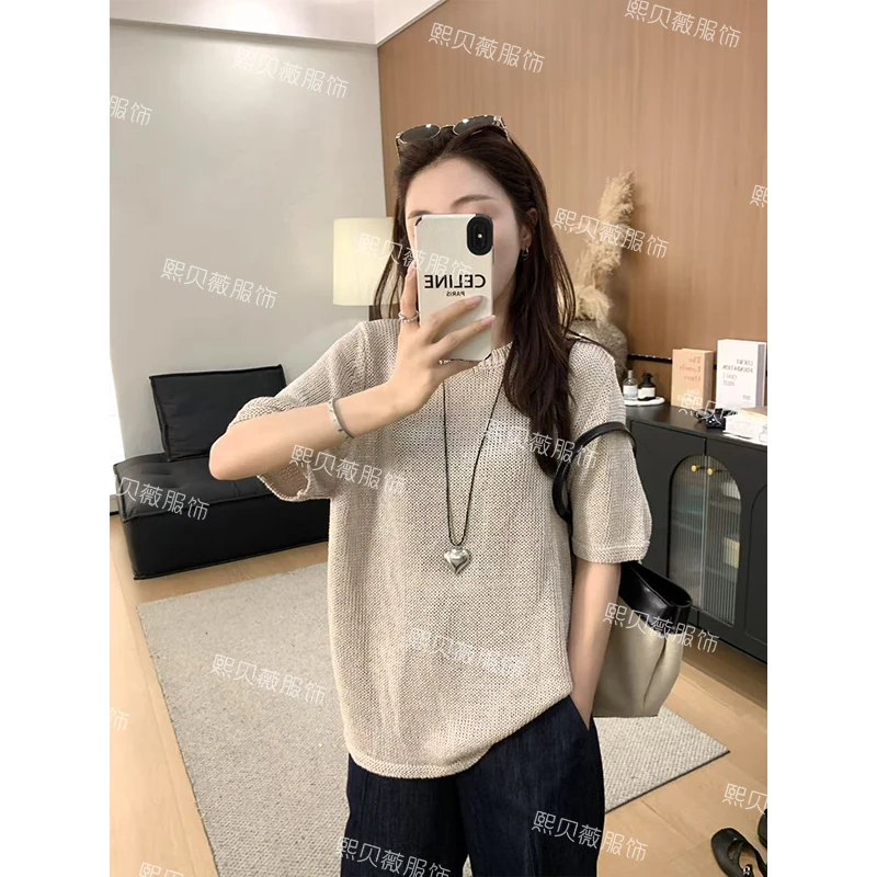 熙贝薇5 【和纸纱】后背明线设计感慵懒风纯色针织短袖T恤 G7609