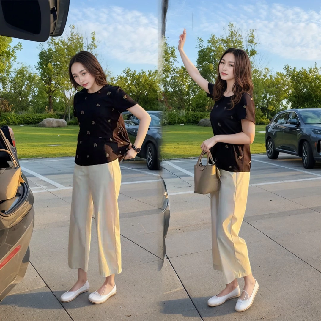 时尚气质夏装新款宽松显瘦微胖减龄短袖上衣休闲九分裤百搭两件套