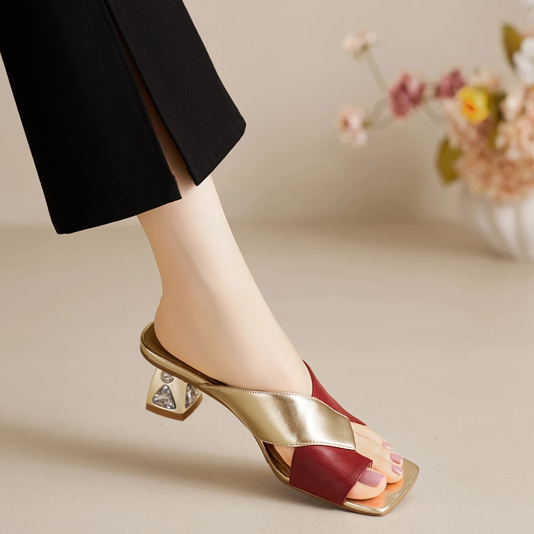 小个子手工女鞋6cm~复古方头一字拖气质高跟鞋时尚拼色红色懒人拖
