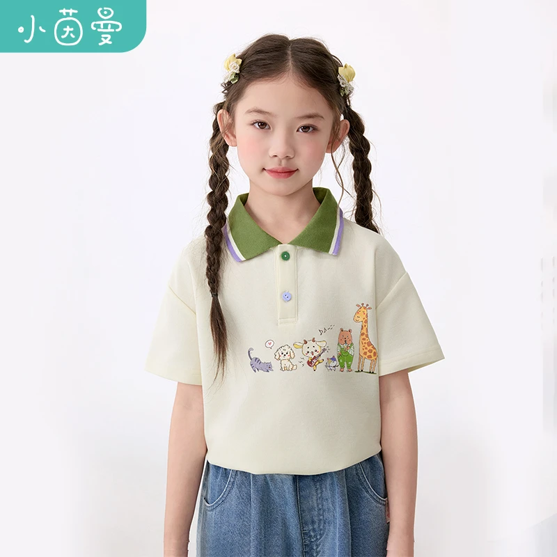 小茵曼女童短袖t恤小动物印花2025秋季中大童Polo领上衣GO3852278