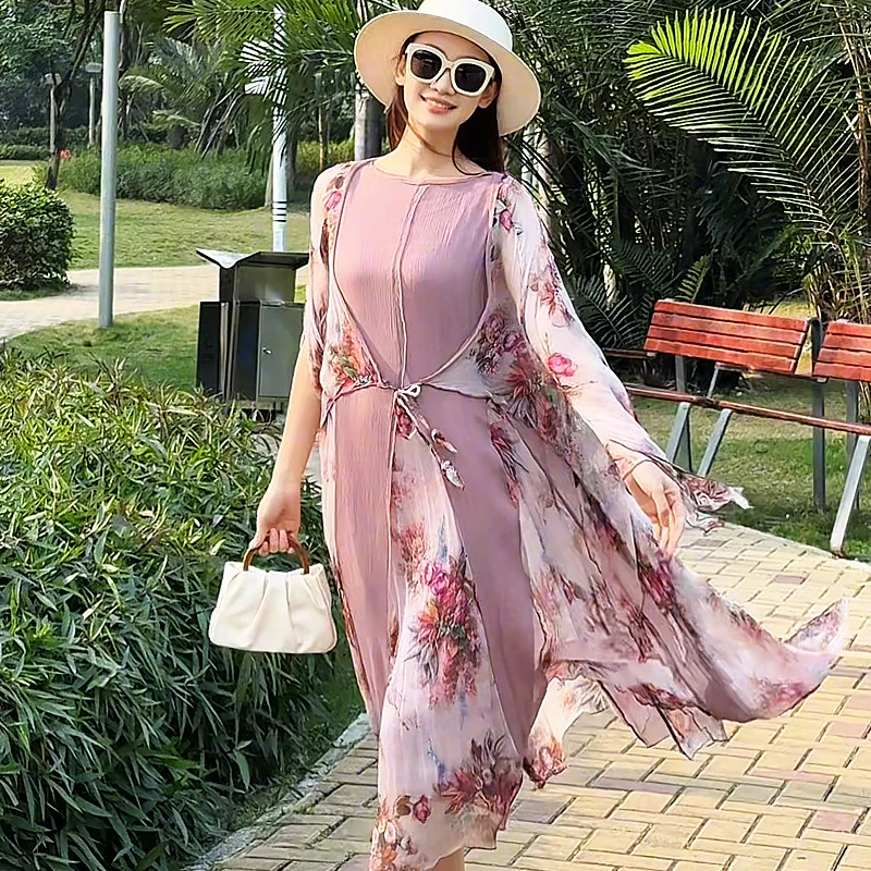 拜占庭的森林时尚百搭气质女轻奢拼接两件套清凉桑蚕丝印花套装裙