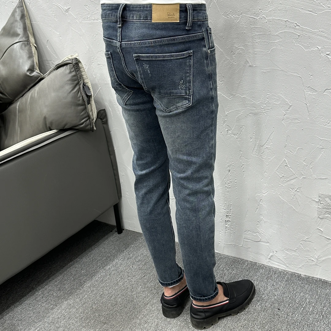 2025冬季加绒蓝灰九分牛仔裤男潮流时尚韩版修身小脚水洗弹力长裤