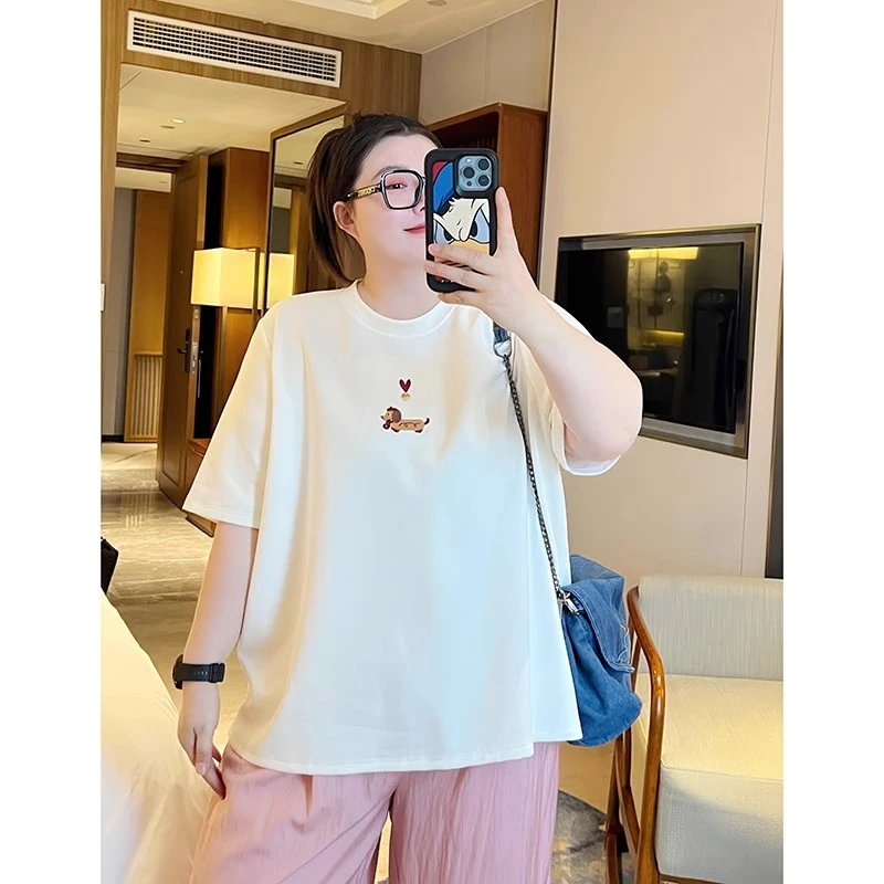 加大码300斤胖mm宽松可爱卡通短袖上衣男女松弛感百搭显瘦凉感T恤