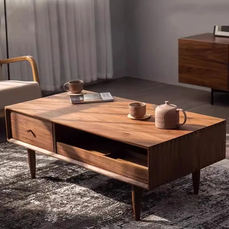 北欧简约茶几实木托盘拉款原木樱桃木黑胡桃木带储物小户型长方型