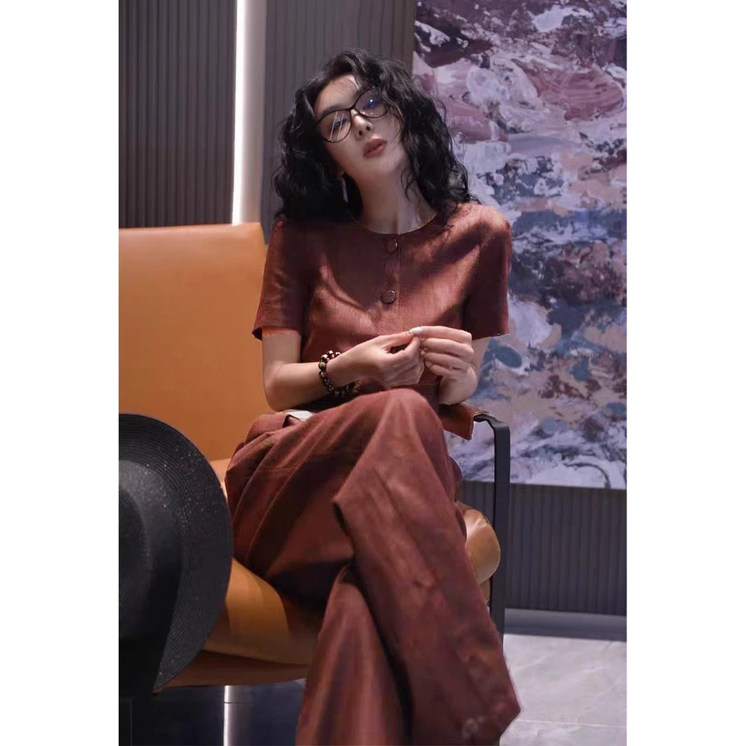 夏季2025穿搭休闲风森系小个子套装女咖啡色短袖衬衫阔腿裤两件套