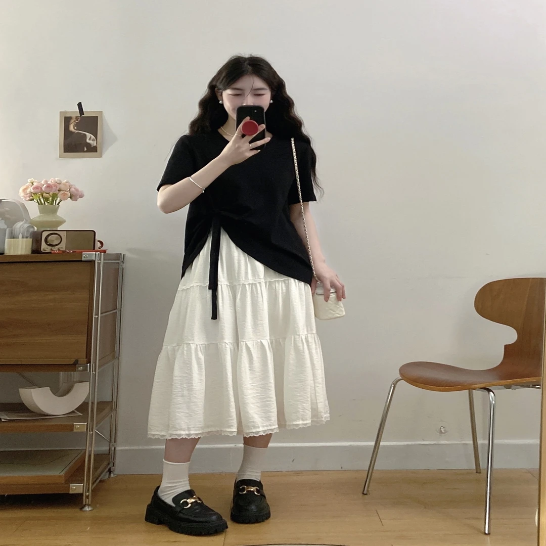 大码女装夏季新款胖mm新款花边蛋糕裙+蝴蝶结宽松T恤洋气减龄套装