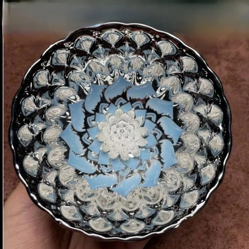 银色花开蓝色妖姬莲花陶瓷杯主人杯