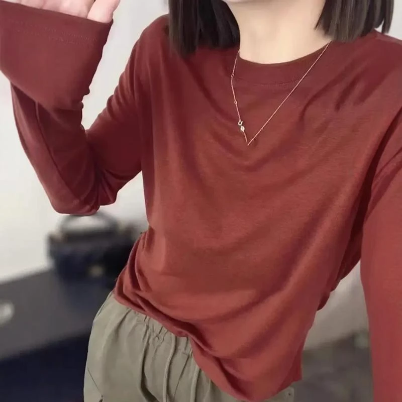 欧货红色长袖t恤女装春秋季新款2025圆领气质宽松内搭打底衫上衣