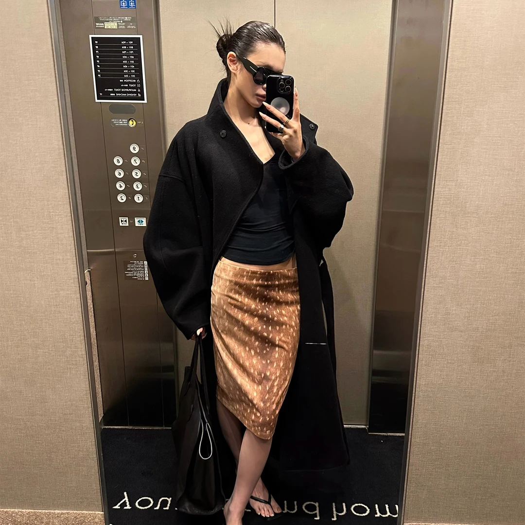 0122stepll 斑点小鹿 鹿纹半身裙女修身复古设计感低腰包臀裙