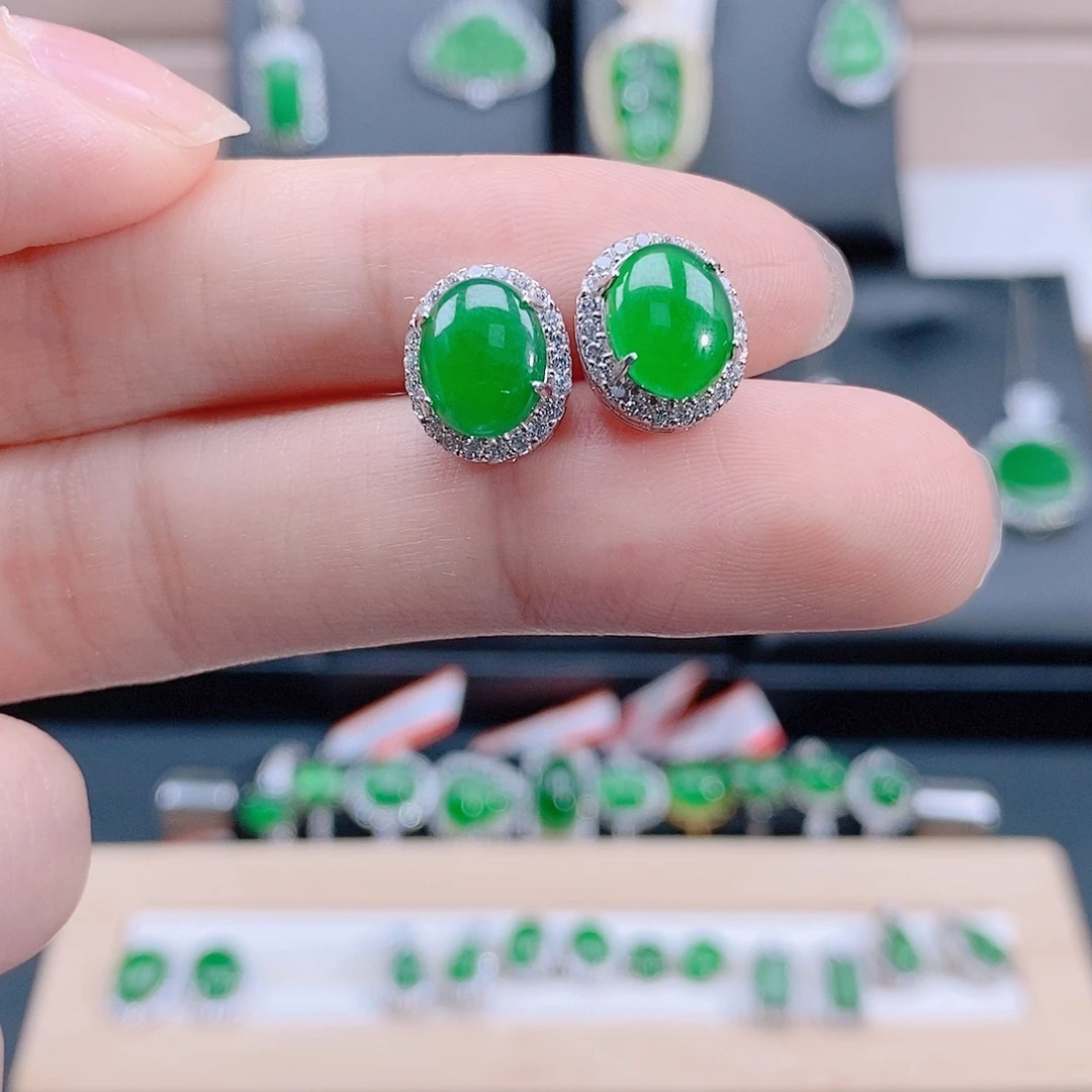 翡翠银S925镶嵌耳饰天然翡翠