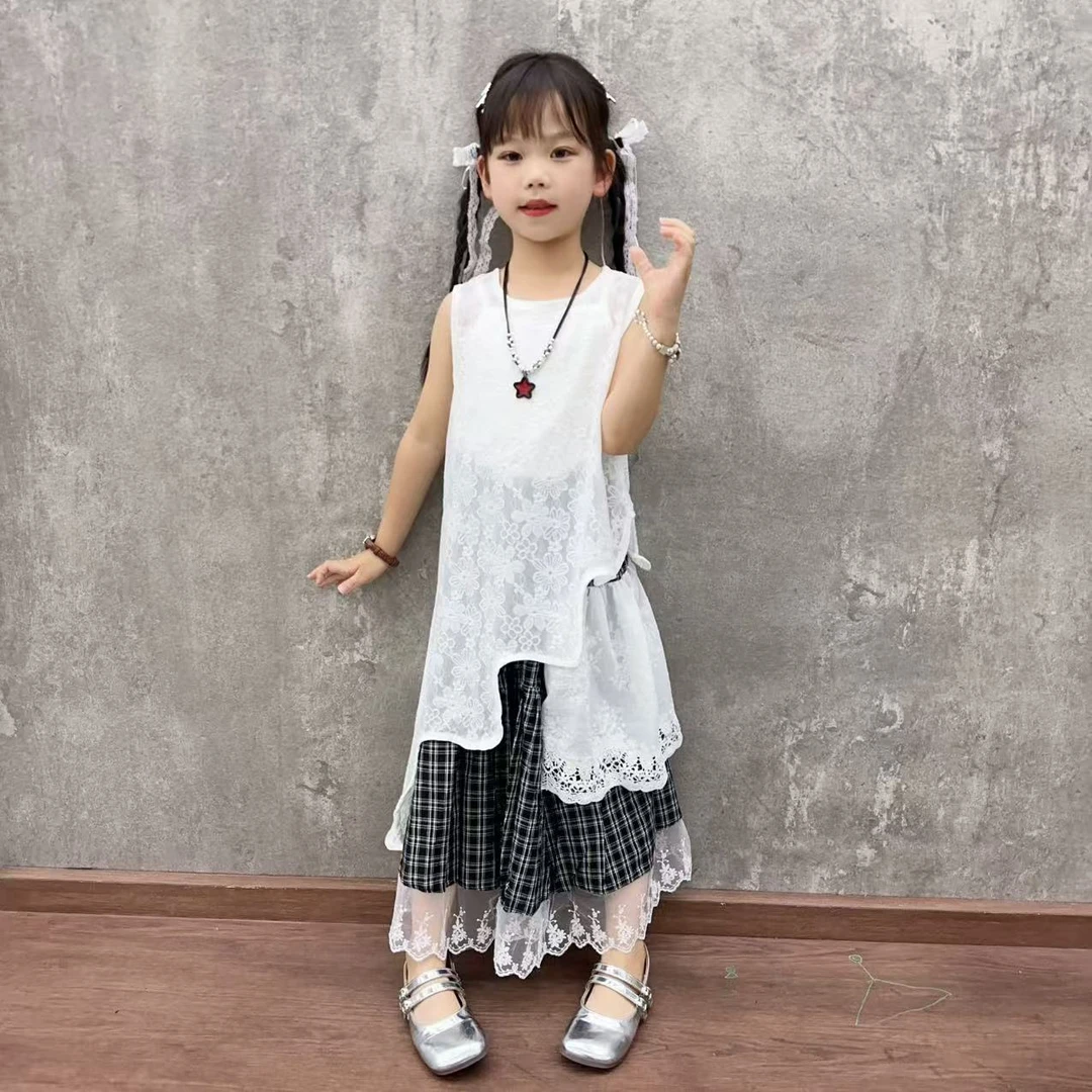 女童甜酷风经典格子半身裙吊带罩衫三件套装2025夏季潮范防晒童装