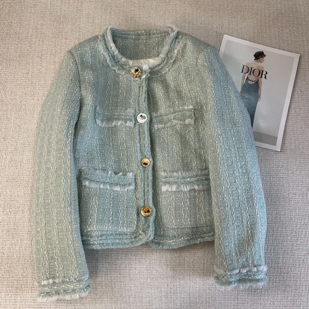 【叶子服饰】冬季新款木耳纱边拼接气质羊毛小香风羽绒服6986