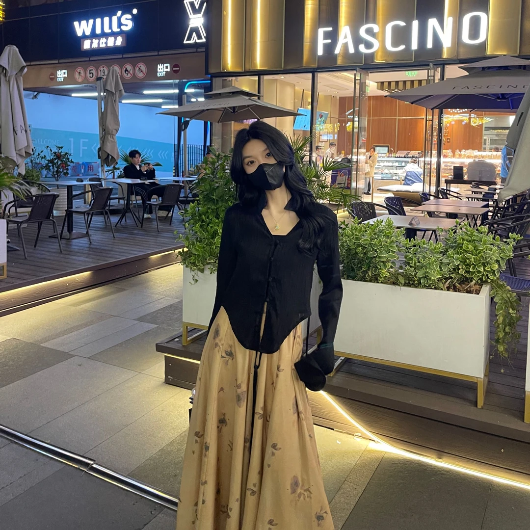 【24Q023】新中式国风小衫v领上衣女水墨裤裙休闲两件套装