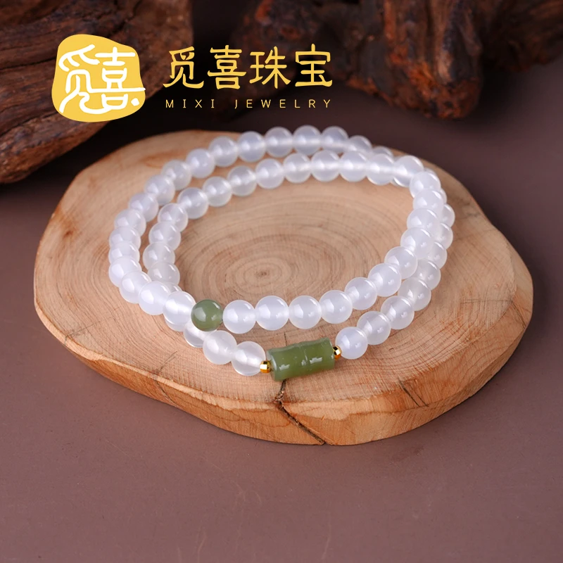 觅喜珠宝-和田玉竹节白玉髓时尚百搭双圈手串5-6#-MX089