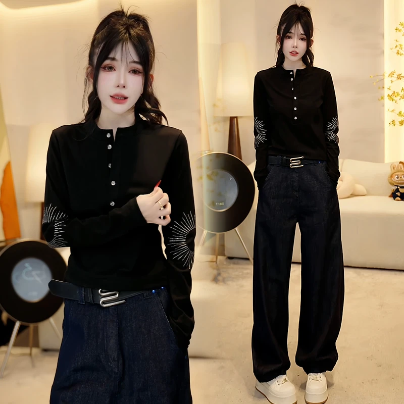 高含棉时尚高级感长袖t恤女2025年春秋新款百搭小众修身遮肚上衣