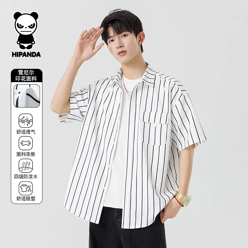 HiPanda你好熊猫春夏情侣透气条纹宽松百搭时尚男士舒适短袖衬衫