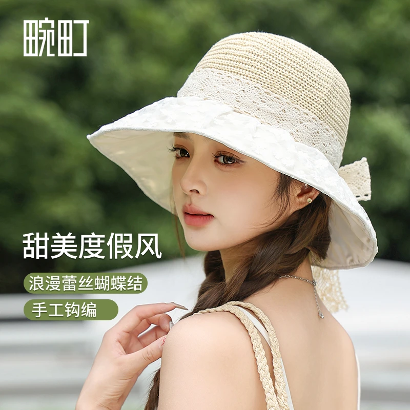 【收仓】畹町度假风蕾丝透气遮阳帽女款韩系甜美蕾丝蝴蝶结草帽