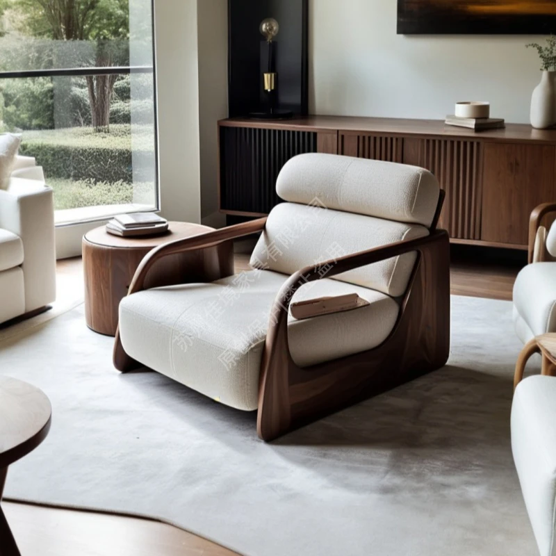 北美黑胡桃木实木休闲沙发椅现代简约真皮单人沙发椅高档家具定制