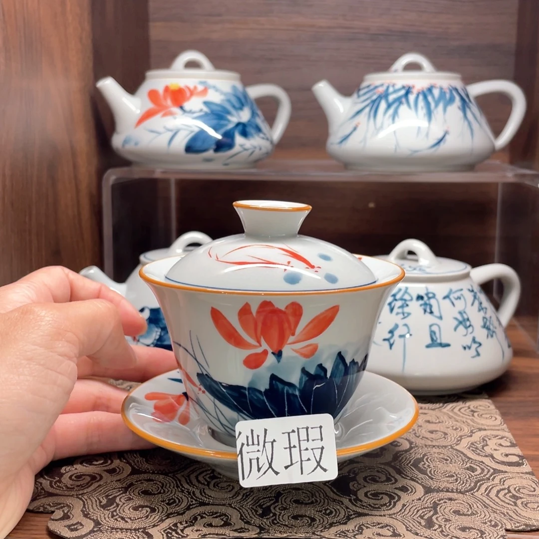 釉下手绘茶具微瑕