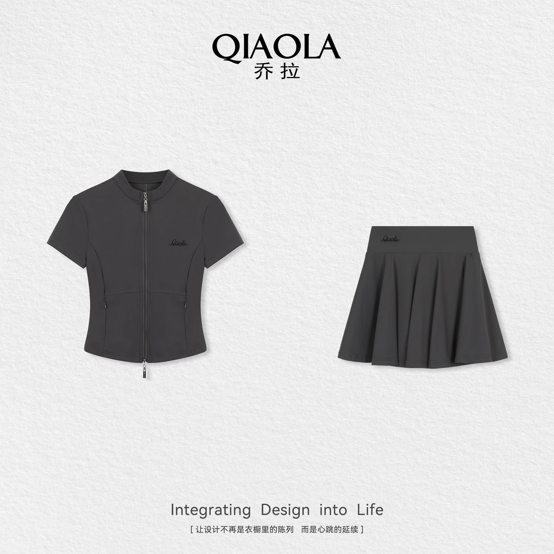 QIAOLA/乔拉【网球日记】夏正肩设计上衣高腰显瘦A字裙时尚套装预售