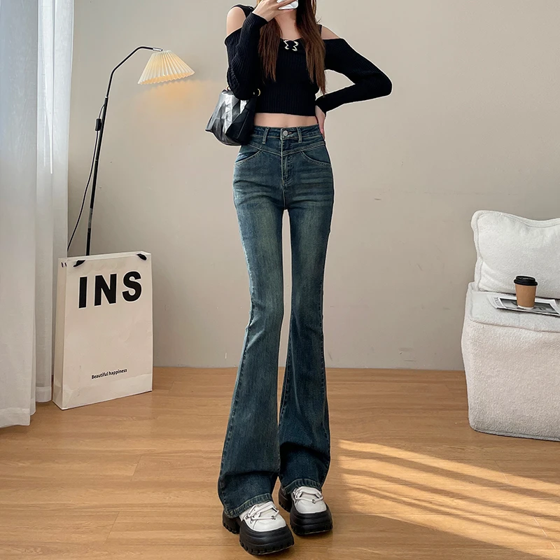 加绒高腰微喇叭牛仔裤女弹力2025年春季新款复古修身9670-1