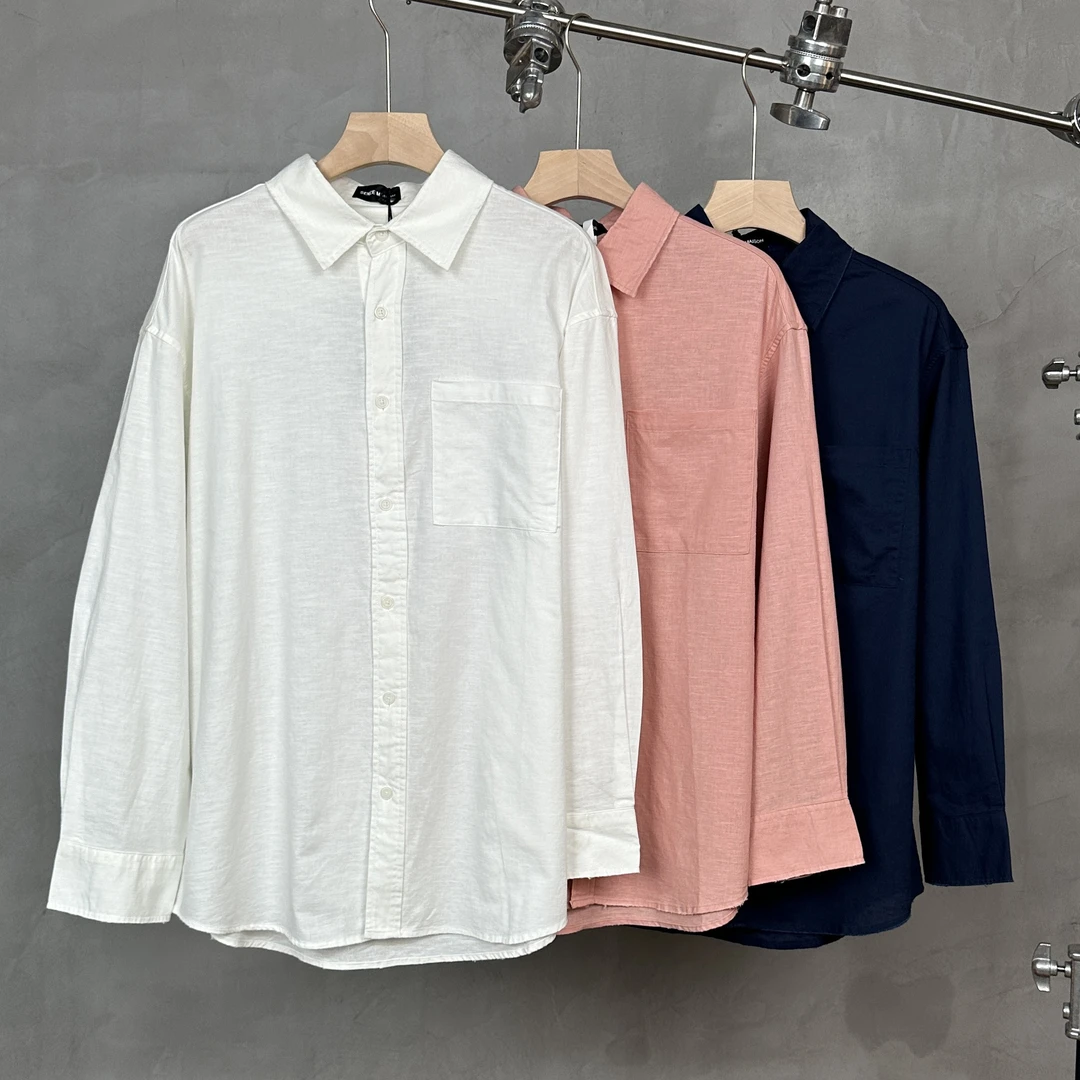 （楠悦）夏季新款棉麻长袖衬衫极简轻奢纯色百搭宽松慵懒潮男女同款