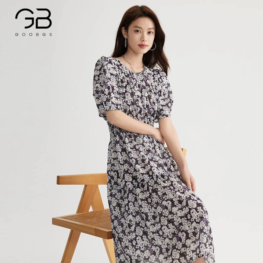 GOOBGS日常法式收腰时尚显瘦中长裙泡泡袖碎花连衣裙B5242222