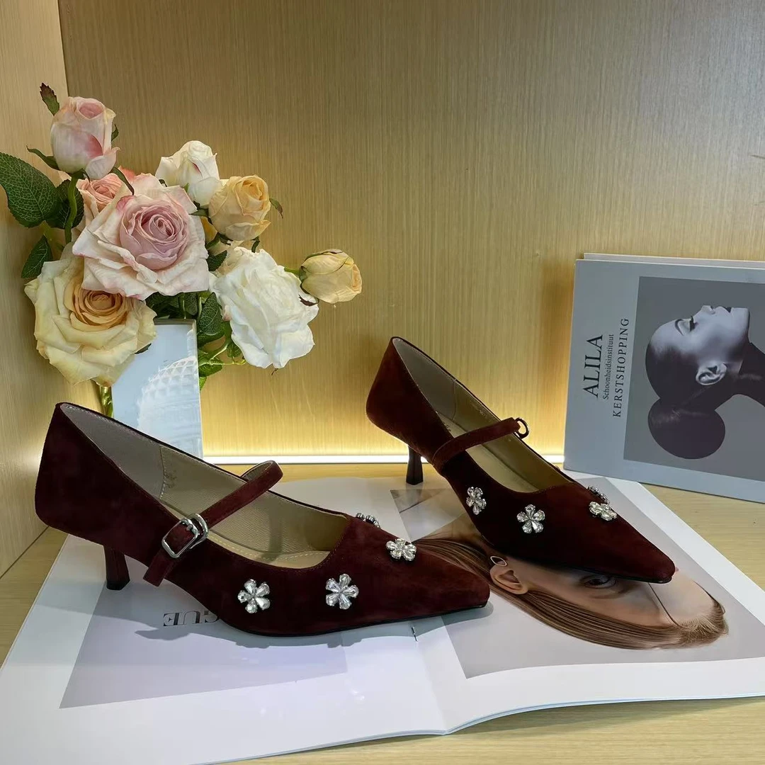 1079【摩纳哥】酒红色新款小方头高跟浅口纯手工羊皮单鞋C【3cm】