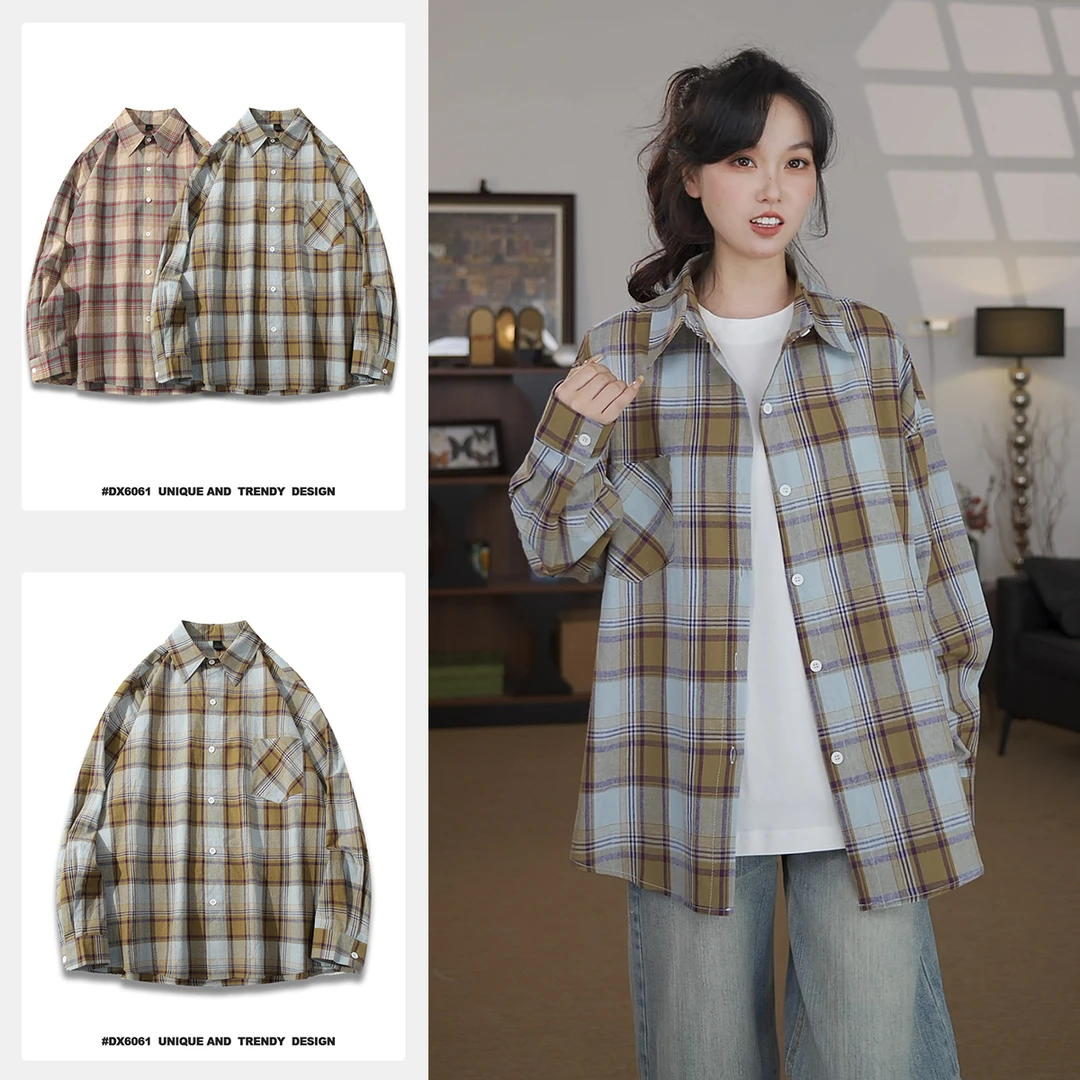 潮流复古长袖衬衣港风日系男格子衬衫休闲宽松秋季韩版设计男装