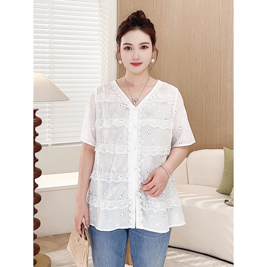【云绣轻纱-全棉】MsShe大码女装新夏装蕾丝刺绣短袖小衫S~E2505038