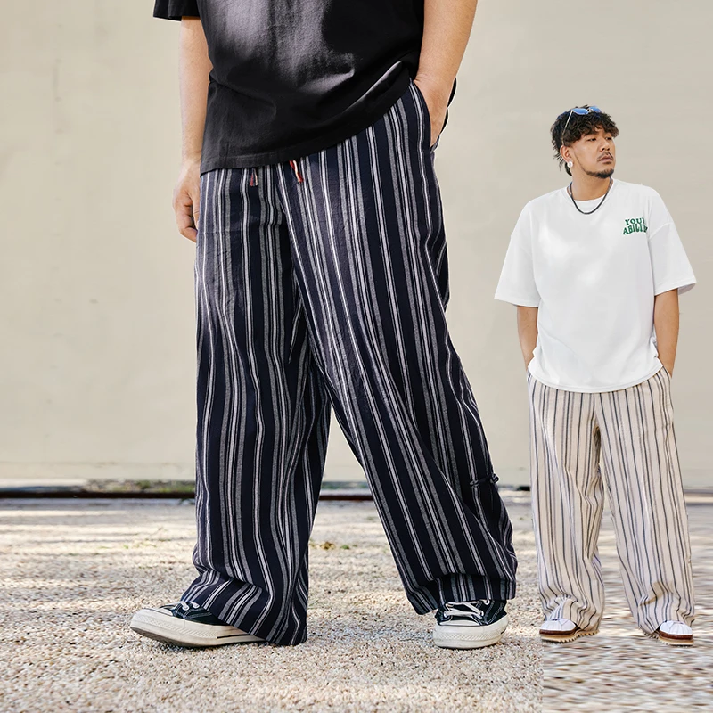 NMAX大码潮牌男装25年夏季新中式条纹休闲裤加肥垂感直筒裤FNR006