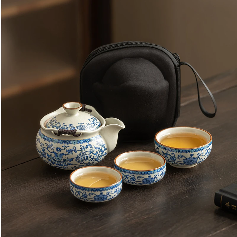 汝窑旅行茶具套装一壶三杯手抓壶盖碗单个户外便携泡茶专用快客杯