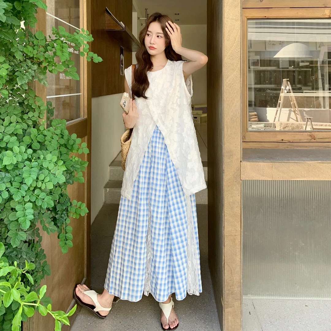 气质拼接撞色文艺范套装裙女2025显瘦新款一整套背心半身裙两件套