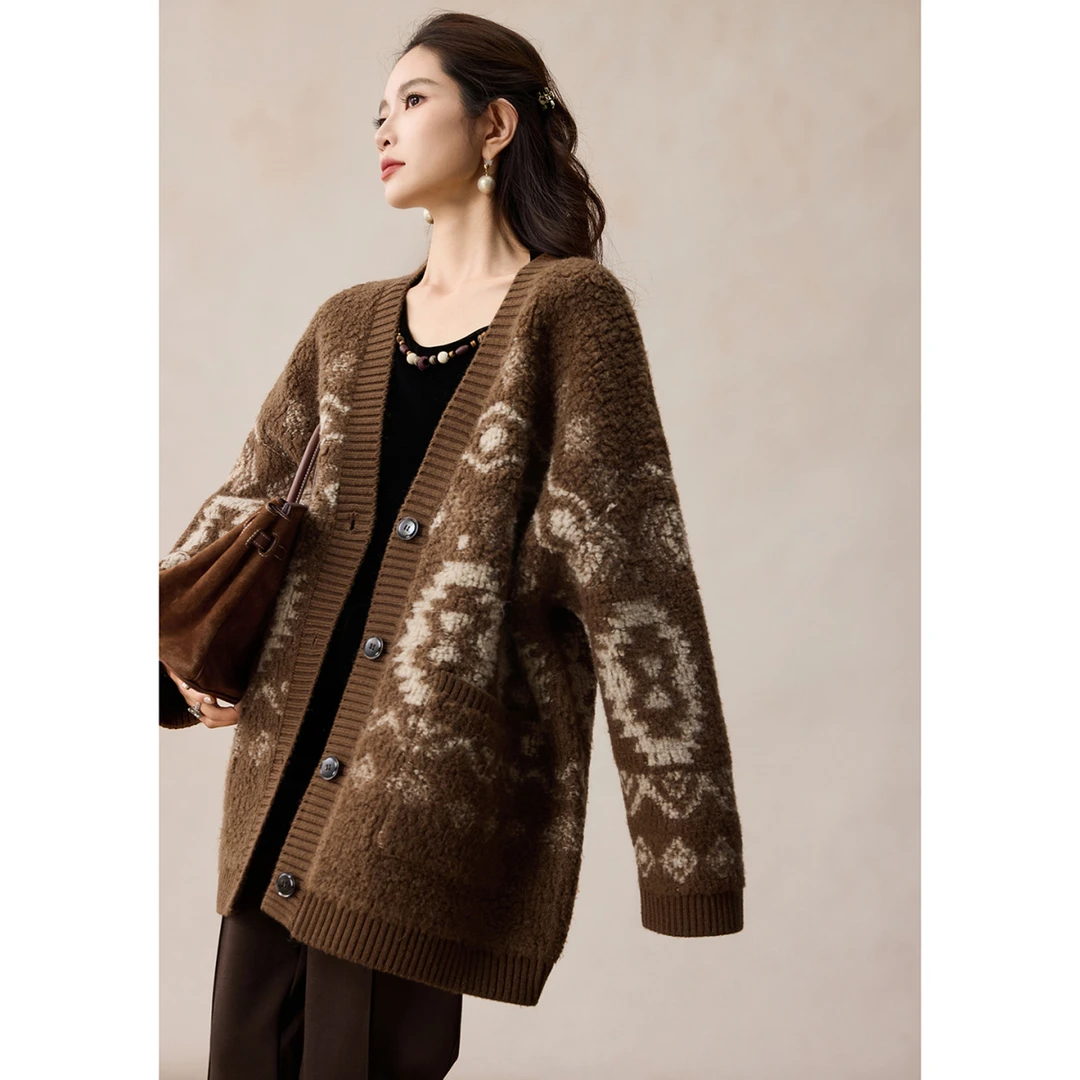 卓卡缇时尚提花纯羊毛针织开衫女2025秋季新款外套欧洲站大码上衣