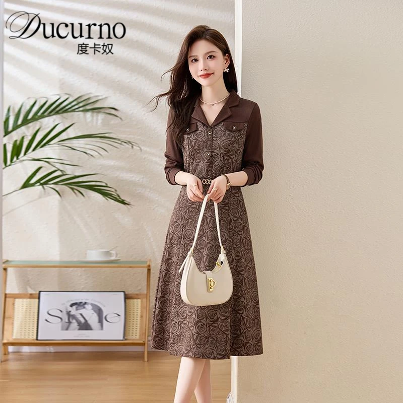 2025秋装轻奢时尚洋气中长款V领长袖连衣裙女装系带显瘦印花裙子