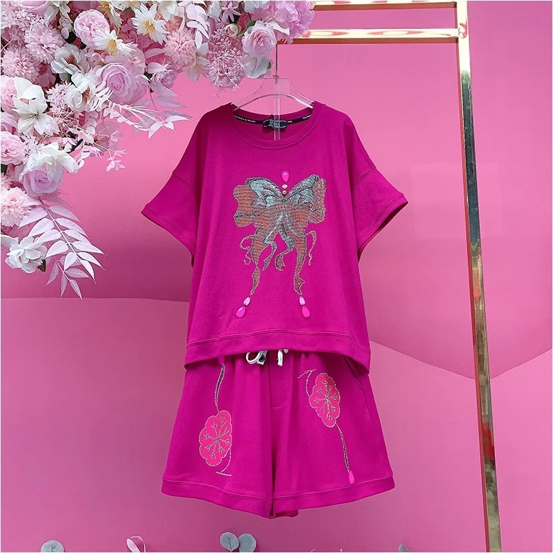 A2027欧美设计师2025夏季新款重工烫花朵钻大蝴蝶休闲短裤套装女