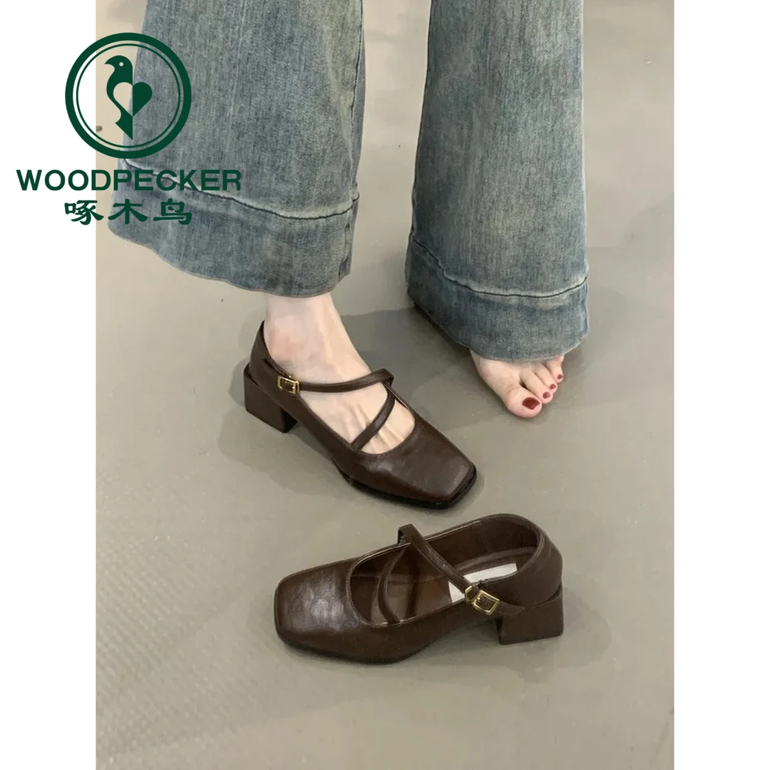 啄木鸟高跟鞋浅口粗跟单鞋女2025新款秋季配裙子乐福玛丽珍小皮鞋