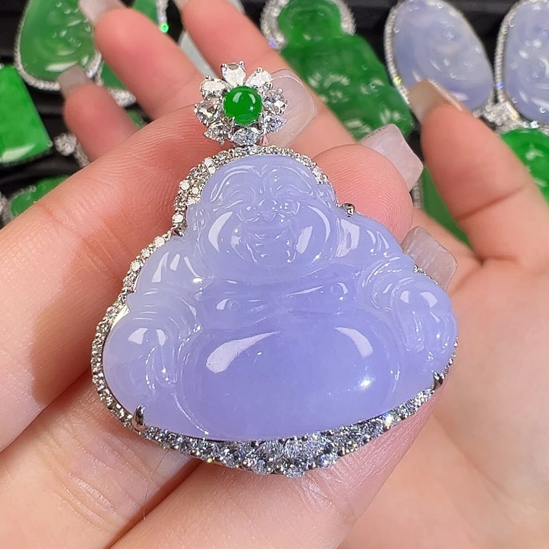 翡翠颈饰18K金镶嵌一刀切厚装佛公