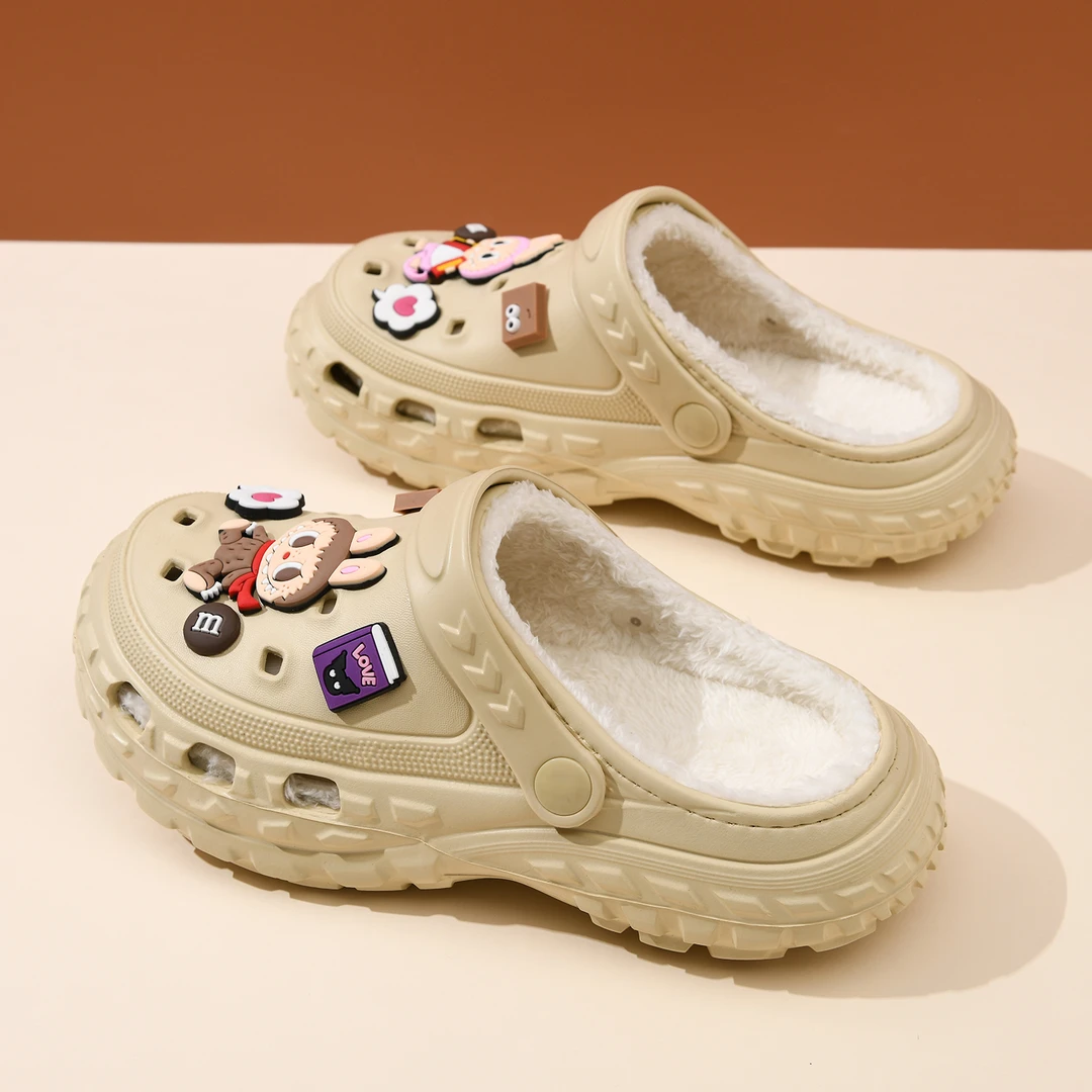 包头拖鞋加绒洞洞鞋女秋冬网红爆款拉布布厚底防滑保暖情侣棉拖鞋