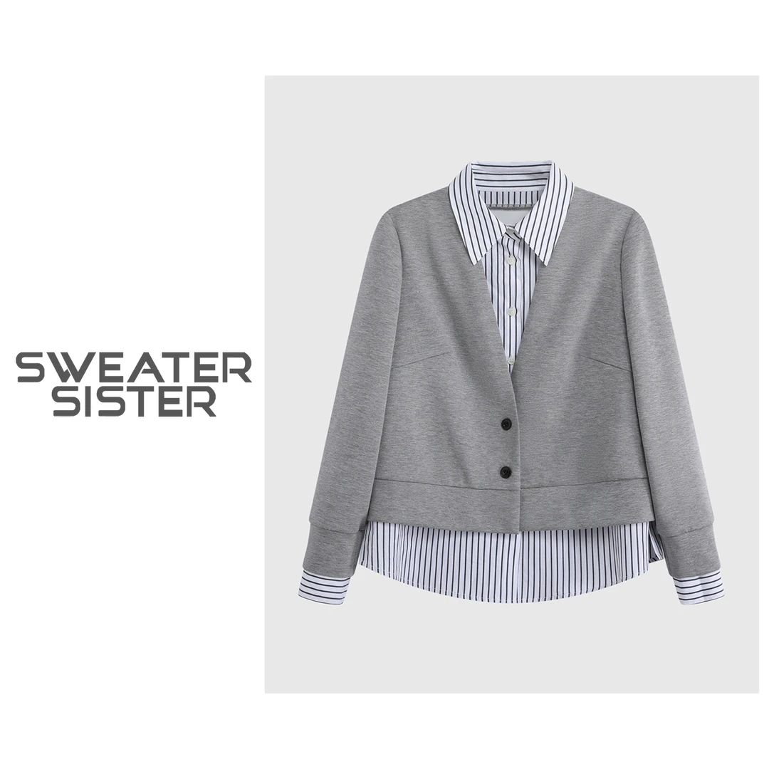 拼接假两件单排扣翻领长袖开衫外套上衣女6677-2523