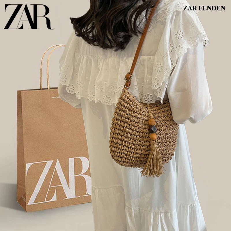 ZAR FENDEN草编包包女2025新款夏季百搭斜挎海边度假沙滩包水桶包