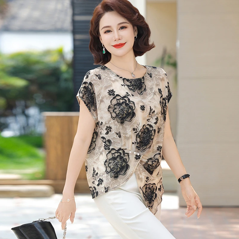 新款妈妈夏装雪纺洋气上衣服胖母亲节时尚套装中老年女40岁50T恤