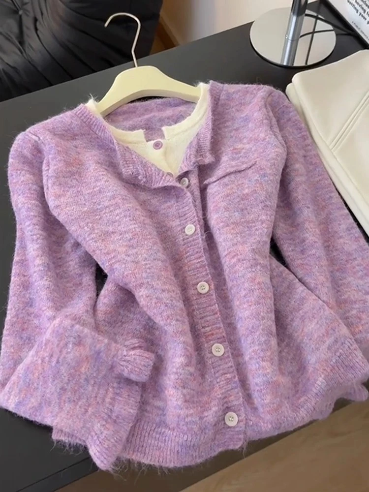 韩系圆领蕾丝拼接针织开衫女秋季2025秋冬新款假两件减龄外套上衣