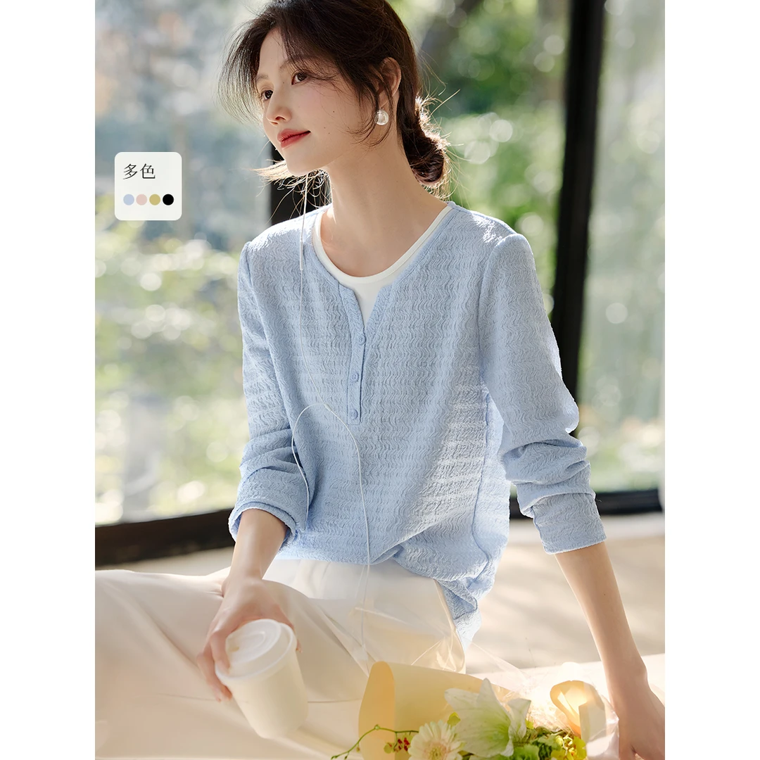 XWI/欣未知性假两件拼色T恤2025春秋新款褶皱气质肌理长袖T恤女