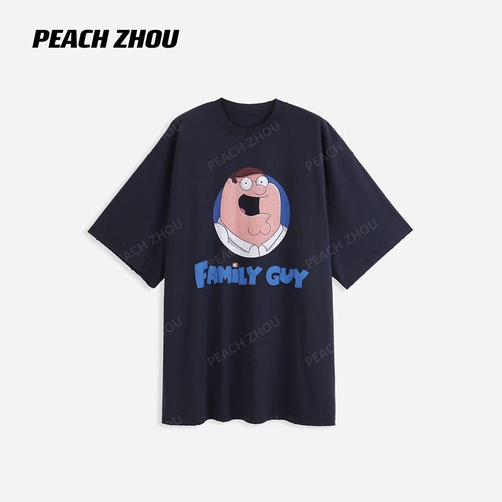 『PEACHZHOU』恶搞之家卡通印花宽松圆领短袖休闲减龄中性大版T恤
