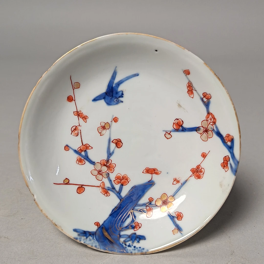 【010022728】清康熙 青花矾红描金花鸟盘