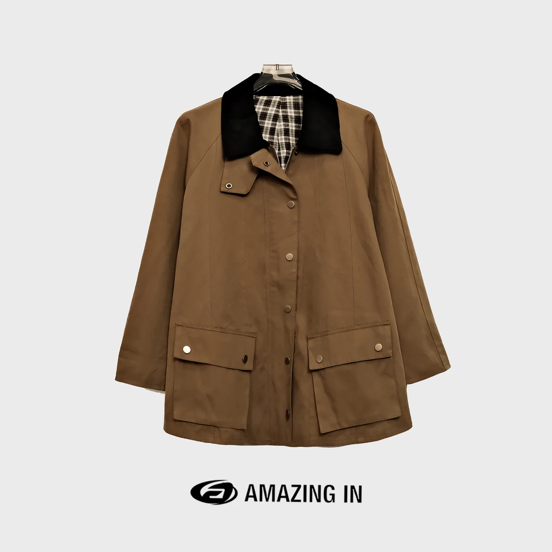 AMAZING IN 翻领设计里衬格复古风衣 A23812-QPZL5102