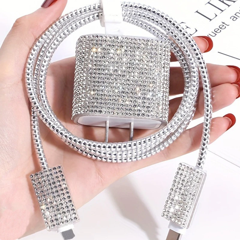 适用苹果充电器镶钻数据线保护套20/18W保护头套咬线器简约高级感