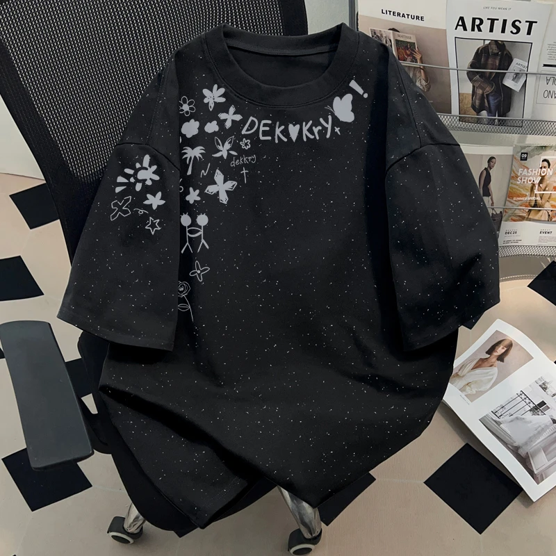 jtrt美式街头字母印花满天星短袖男夏女季重磅休闲纯棉t恤上衣潮